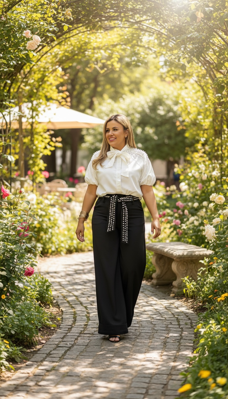 Maxi Pantalón Negro con Valenciana Con Cinto con Perlas